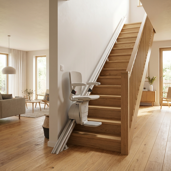 Ein moderner, unauffälliger Treppenlift an einer Holztreppe in einem hellen, aufgeräumten Einfamilienhaus, warme Beleuchtung, fotorealistisch.
