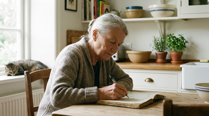 Eine ältere Frau macht sich mit einem Stift Notizen in einem Notizbuch am Küchentisch, konzentrierte und ruhige Stimmung, natürliches Licht, aufgeräumte Umgebung.
