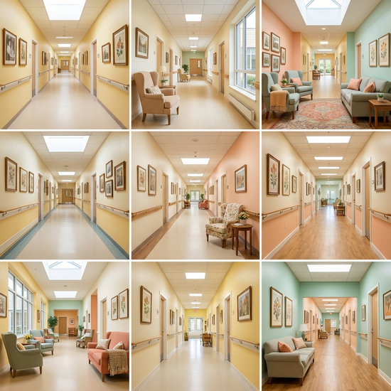 Ein heller, endlos wirkender Flur in einer modernen Pflegeeinrichtung, freundlich in warmen Pastellfarben gestrichen. An den Wänden hängen nostalgische Bilderrahmen aus den 1960er Jahren, gemütliche Sitznischen laden zum Verweilen ein. Realistisch, hell, sauber und ohne Text.