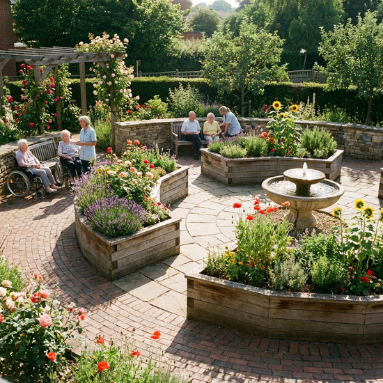 Ein geschützter, idyllischer Demenzgarten mit rollstuhlgerechten, gepflasterten Rundwegen. Hochbeete mit bunten, blühenden Blumen und ein kleiner sprudelnder Brunnen im Sonnenlicht. Entspannte, sichere Umgebung ohne Schilder.