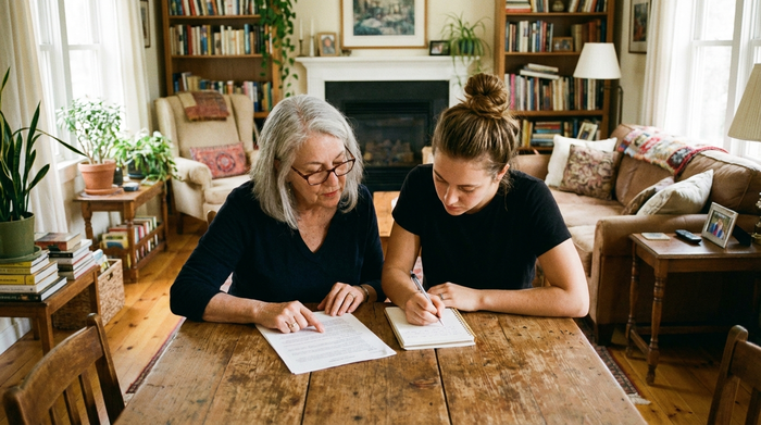 Zwei Frauen, eine jüngere und eine ältere, sitzen an einem Holztisch und schauen sich gemeinsam konzentriert Unterlagen an. Die jüngere Frau notiert sich etwas auf einem Block. Helles, freundliches Wohnzimmer, authentische Szene.