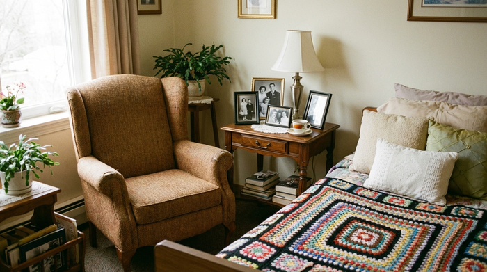 Ein gemütlich eingerichtetes Zimmer in einem Pflegeheim. Ein vertrauter, älterer Ohrensessel steht neben einem kleinen Tischchen mit gerahmten Schwarz-Weiß-Familienfotos. Eine gehäkelte Tagesdecke liegt auf dem Bett. Wohnlich und heimelig.