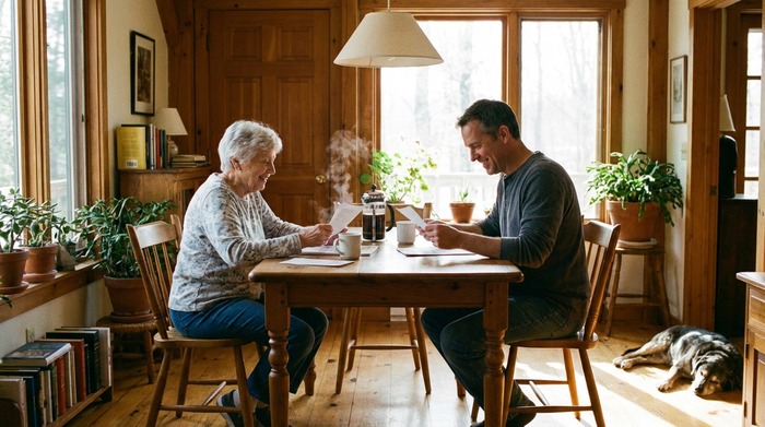 Eine ältere Frau und ihr Sohn sitzen gemeinsam an einem Esstisch und schauen sich entspannt Dokumente an. Frischer Kaffee steht auf dem Tisch, sonniges Esszimmer, positive Stimmung, realistisch, keine Buchstaben.