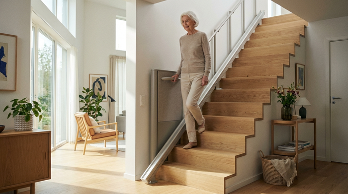 Ein moderner, unauffälliger Treppenlift in einem hellen, stilvollen Einfamilienhaus. Eine gepflegte ältere Dame fährt sicher und lächelnd die Holztreppe hinauf. Realistische Szene, sauberes Umfeld, keine Labels.