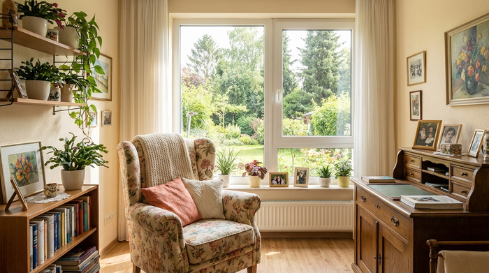 Ein helles, liebevoll eingerichtetes Seniorenzimmer mit einem bequemen Sessel, Zimmerpflanzen und einem großen Fenster mit Blick ins Grüne. Einladend und wohnlich, realistische Architekturfotografie.