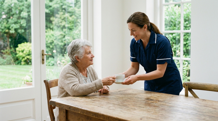 Eine professionelle Pflegekraft sitzt mit einer älteren Dame an einem Holztisch und reicht ihr liebevoll eine Tasse Tee. Im Hintergrund sieht man große Fenster mit Blick auf einen grünen Garten. Ruhige, vertrauensvolle Stimmung in einem sauberen Raum.