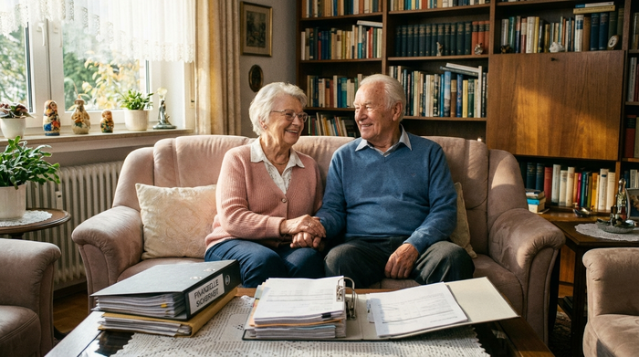 Ein älteres Ehepaar sitzt entspannt auf einem bequemen Sofa in ihrem gemütlichen Wohnzimmer und lächelt erleichtert. Auf dem Tisch vor ihnen liegen ordentlich sortierte Dokumente. Die Szene strahlt finanzielle Sicherheit und häusliche Entlastung aus.