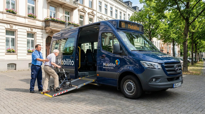 Ein moderner, rollstuhlgerechter Kleinbus steht mit geöffneter Rampe vor einem gepflegten Kölner Wohnhaus. Ein freundlicher Fahrer hilft einem Senior mit Rollator behutsam beim Einstieg. Sonniges Wetter, klare und sichere Umgebung.