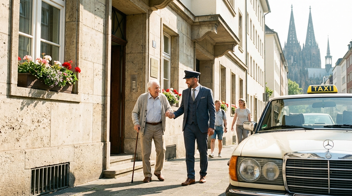 Ein fürsorglicher Fahrer in gepflegter Kleidung begleitet einen älteren Herrn mit Gehstock sanft aus der Haustür eines Kölner Wohnhauses. Fröhliche morgendliche Stimmung, helles Tageslicht.