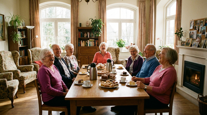 Eine fröhliche Gruppe von Senioren sitzt in einem hellen, gemütlichen Aufenthaltsraum bei Kaffee und Kuchen zusammen und lacht. Gemütliche Atmosphäre, liebevolle Einrichtung, sonniges Licht durch große Fenster.