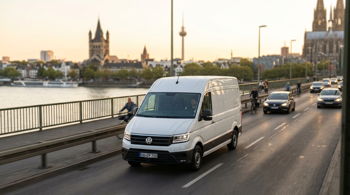 Ein moderner, weißer Kleinbus fährt sicher über eine Brücke in Köln. Im unscharfen Hintergrund ist schemenhaft der Rhein und die Kölner Skyline im nachmittäglichen Licht zu sehen. Ruhige, fließende Verkehrsszene.