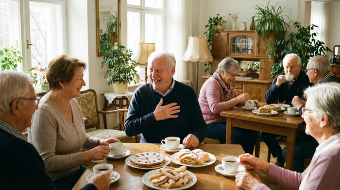 Ein gemütliches Beisammensein von Senioren bei Kaffee und traditionellem Gebäck in einem hellen Raum. Ein älterer Herr lacht herzlich, während er sich mit einer Tischnachbarin unterhält. Warme, einladende Stimmung, realistisch.