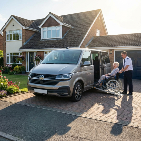 Ein moderner, rollstuhlgerechter Kleinbus parkt vor einem gepflegten Wohnhaus im Sonnenschein. Ein freundlicher Fahrer hilft einer lächelnden älteren Dame behutsam beim Einsteigen. Klare Szene, realistisch, ohne Text.