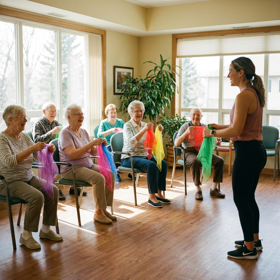 Eine Gruppe von Senioren macht leichte Sitzgymnastik in einem hellen Raum. Sie halten bunte Gymnastiktücher in den Händen und wirken motiviert. Eine Trainerin macht die Übungen vorne vor. Realistischer Stil.