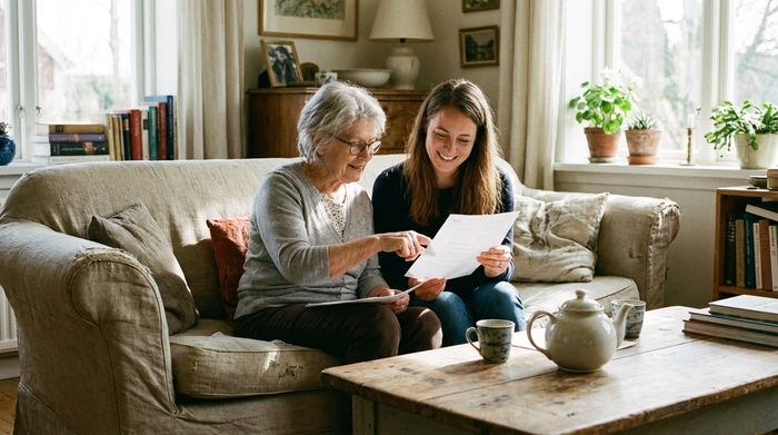 Eine ältere Dame und ihre erwachsene Tochter sitzen entspannt auf einem Sofa und schauen sich gemeinsam lächelnd Dokumente an. Eine Tasse Tee steht auf dem Tisch. Friedliche und erleichterte Atmosphäre, realistisch.
