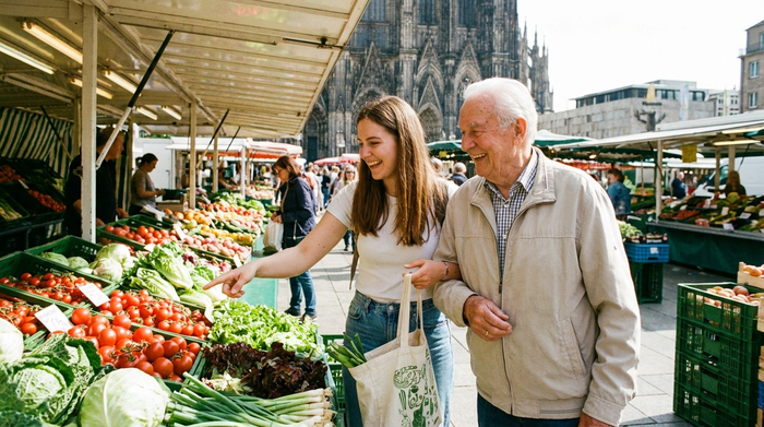 Eine junge Alltagsbegleiterin und ein älterer Herr gehen gemeinsam auf einem belebten Kölner Wochenmarkt einkaufen. Frisches Gemüse an den Marktständen, freundliche Interaktion, sonniges Wetter, fotorealistisch.