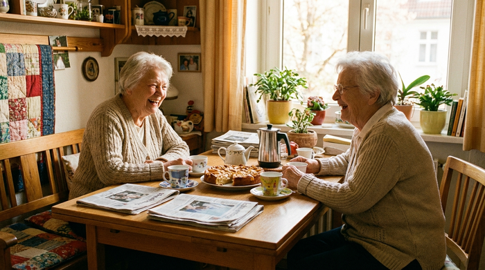 Zwei ältere Frauen sitzen lachend bei Kaffee und Kuchen an einem Küchentisch. Entspannte, nachbarschaftliche Atmosphäre in einer gemütlichen Wohnung, warmes Licht, fotorealistisch.