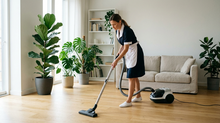 Eine ordentliche Putzkraft saugt konzentriert den hellen Holzboden in einem aufgeräumten, modernen Wohnzimmer. Im Hintergrund stehen gepflegte Zimmerpflanzen. Realistische, saubere Umgebung ohne Text.