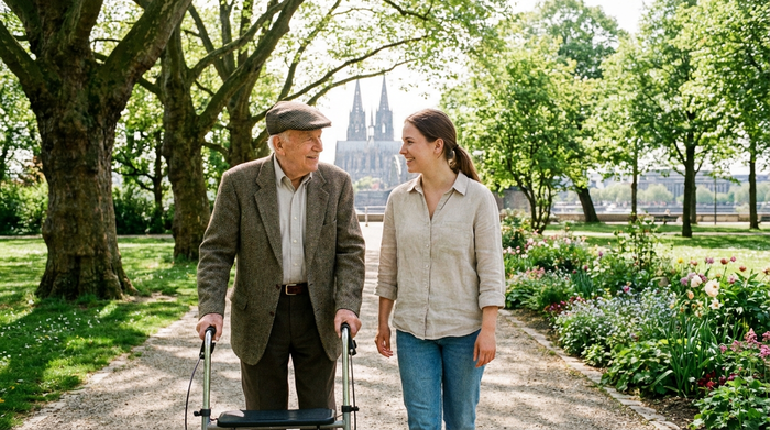 Ein älterer Herr mit Rollator und eine jüngere Betreuerin spazieren entspannt durch einen grünen Park in Köln. Beide lächeln sich an. Sonniger Tag, klare Umgebung, keine Schriftzüge.