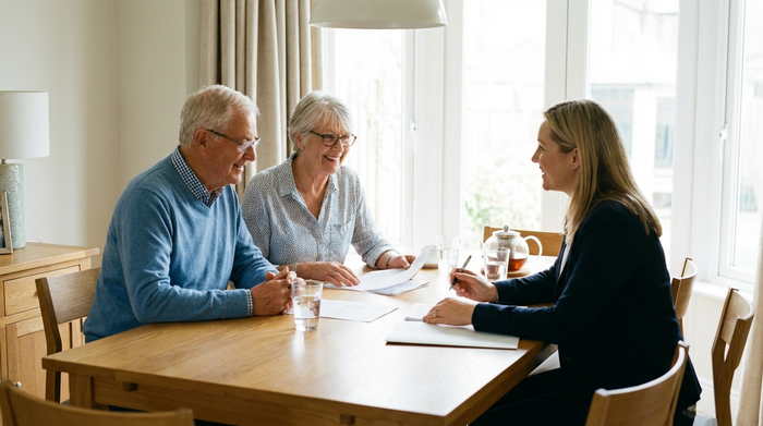 Ein älteres Ehepaar sitzt am Esstisch und betrachtet gemeinsam mit einer Beraterin Dokumente. Ernsthafte, aber entspannte Stimmung, helle Beleuchtung, aufgeräumter Tisch, keine lesbaren Texte.