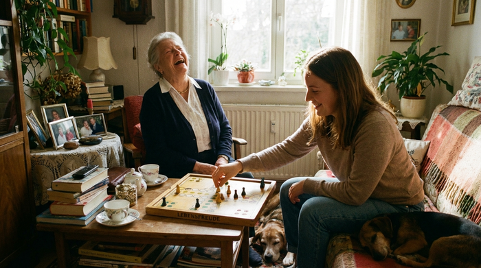 Zwei Menschen spielen fröhlich ein Brettspiel am Wohnzimmertisch. Eine ältere Dame lacht herzlich, während ihre Alltagsbegleiterin einen Spielstein bewegt. Warme, emotionale Szene.