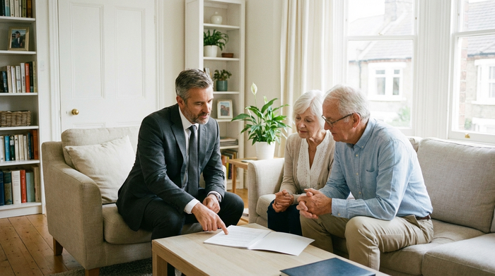 Ein seriöser Berater im Anzug sitzt mit einem älteren Ehepaar auf einem Sofa im Wohnzimmer und bespricht Dokumente. Helle, aufgeräumte Umgebung, professionelle und beruhigende Stimmung.