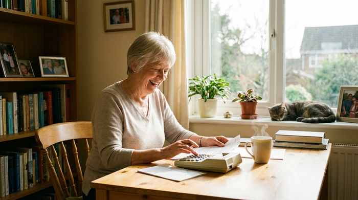Eine Seniorin am Schreibtisch, die entspannt mit einem Taschenrechner und einigen Papieren hantiert. Neben ihr steht eine Tasse Tee. Helles Tageslicht, positive Ausstrahlung.