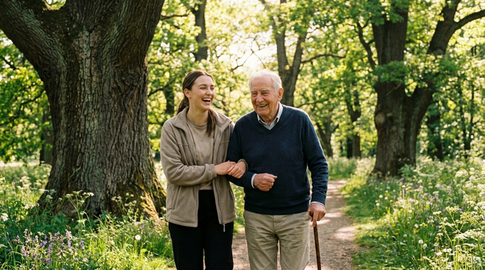 Eine Betreuungskraft und ein Senior spazieren fröhlich durch einen grünen Park mit großen Bäumen. Die Sonne scheint, friedliche und unterstützende Atmosphäre.