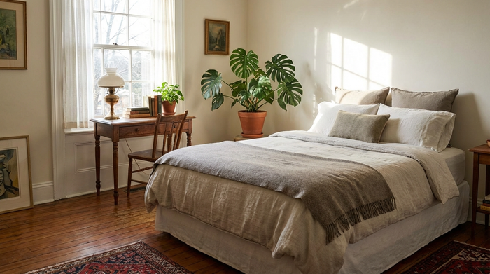 Ein gemütlich eingerichtetes Gästezimmer mit einem frisch bezogenen Bett, einem kleinen Schreibtisch, einer Pflanze und einem sonnigen Fenster. Einladend und ordentlich.