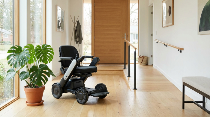 Ein gepflegter, moderner Elektrorollstuhl steht ordentlich geparkt in einem hellen, barrierefreien Hausflur. Eine grüne Zimmerpflanze steht daneben, die Atmosphäre ist einladend, aufgeräumt und sauber.