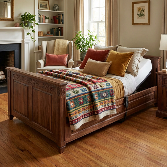 Ein hochwertiges Pflegebett mit edler Holzverkleidung steht in einem gemütlich eingerichteten Schlafzimmer. Auf dem Bett liegen weiche Kissen und eine warme, farbenfrohe Decke.