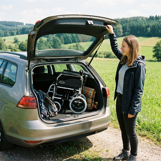 Ein kompakter, leichter Aluminium-Rollstuhl liegt ordentlich zusammengeklappt im Kofferraum eines Autos. Eine junge Frau schließt gerade lächelnd die Heckklappe, bereit für einen Ausflug ins Grüne.