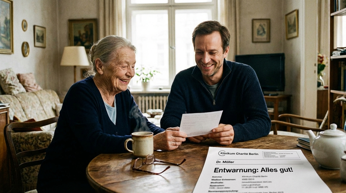 Eine ältere Frau und ihr Sohn sitzen gemeinsam an einem runden Holztisch und schauen zufrieden auf ein ärztliches Rezept. Eine dampfende Kaffeetasse steht auf dem Tisch.
