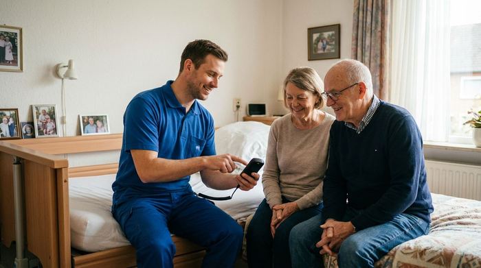Ein freundlicher Techniker in blauer Arbeitskleidung erklärt einem älteren Ehepaar geduldig die Fernbedienung eines neuen Pflegebettes. Alle lächeln und wirken entspannt im heimischen Schlafzimmer.
