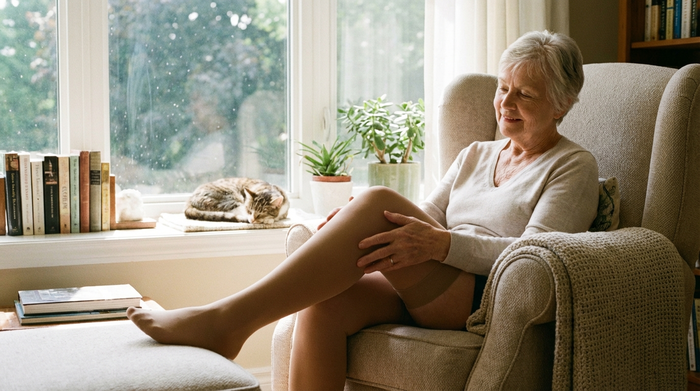 Eine rüstige Seniorin sitzt gemütlich auf einem bequemen Sessel am Fenster und streicht sanft über ihr Bein, das in einem dezenten, hautfarbenen Kompressionsstrumpf steckt. Die Szene strahlt tiefe Entspannung und Wohlbefinden aus.