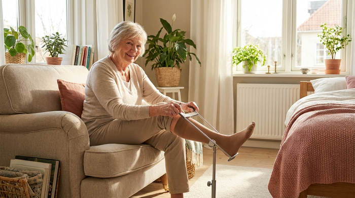 Eine ältere Dame nutzt ein praktisches Metallgestell als Anziehhilfe für ihren Kompressionsstrumpf. Sie sitzt bequem auf einem Stuhl in ihrem lichtdurchfluteten Schlafzimmer und schlüpft mühelos mit dem Fuß in den vorgedehnten Strumpf.