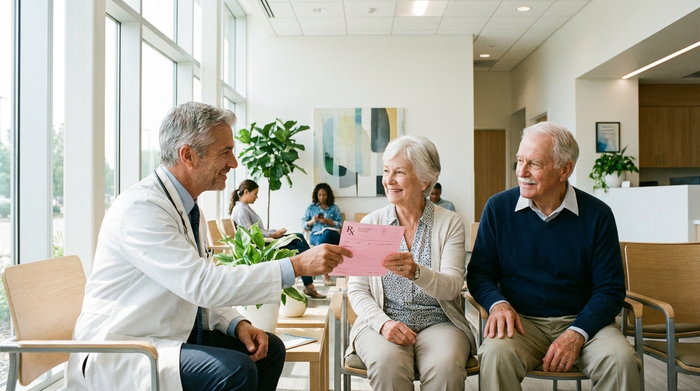 Ein älteres Ehepaar sitzt im hellen Wartezimmer einer modernen Arztpraxis. Der Arzt überreicht lächelnd ein rosa Rezeptformular an die Seniorin.