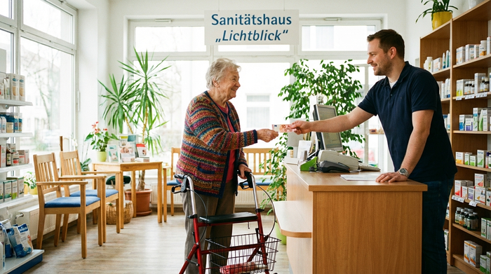 Eine ältere Dame an der Kasse eines hellen Sanitätshauses. Sie reicht dem freundlichen Verkäufer einen Zehn-Euro-Schein für ihren neuen Rollator.