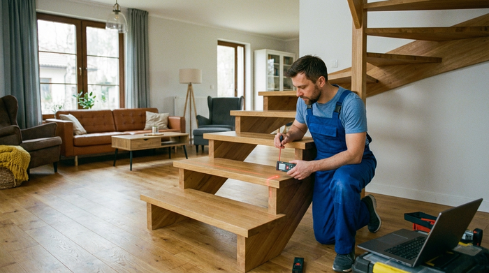 Ein Techniker im Blaumann misst mit einem Laser-Messgerät hochkonzentriert eine Holztreppe in einem gepflegten Einfamilienhaus aus.
