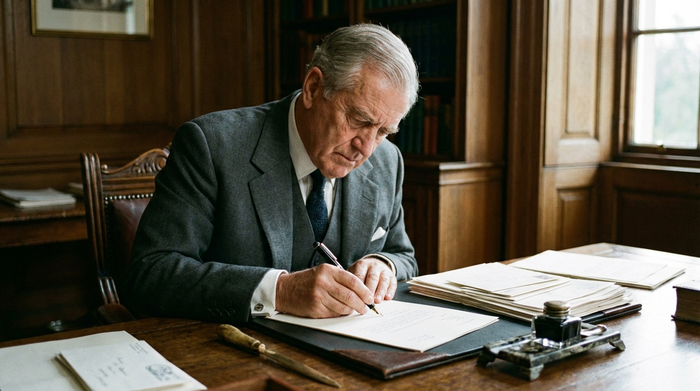 Ein seriöser Senior sitzt am Schreibtisch, vor ihm liegen ordentlich sortierte Dokumente und Briefe. Er unterschreibt konzentriert ein offizielles Schreiben.