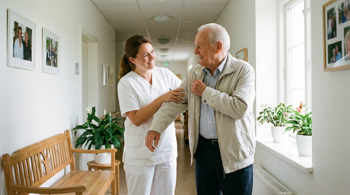 Eine sympathische Pflegekraft in weißer Kleidung hilft einem älteren Herrn beim Anziehen einer leichten Jacke in einem hellen, aufgeräumten Flur. Liebevolle und geduldige Interaktion, weiches Tageslicht.
