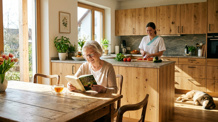 Eine ältere Frau sitzt entspannt am Esstisch und liest ein Buch, während im Hintergrund eine Pflegekraft frisches Gemüse in einer modernen Küche schneidet. Sonnige, einladende Stimmung.