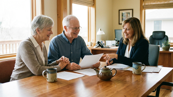 Ein älteres Ehepaar sitzt gemeinsam mit einer Beraterin an einem Holztisch und bespricht entspannt Unterlagen. Auf dem Tisch stehen Kaffeetassen. Freundliche und beratende Atmosphäre, ohne erkennbare Texte auf den Papieren.