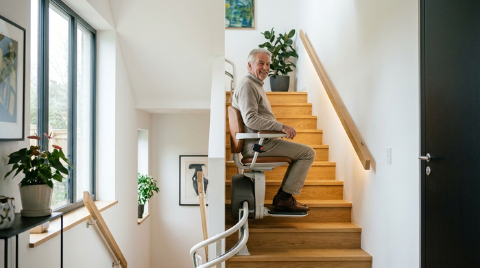 Ein sicherer, moderner Treppenlift in einem gepflegten, gut beleuchteten Treppenhaus eines Einfamilienhauses. Ein älterer Herr fährt entspannt und lächelnd hinauf. Hochwertige, realistische Darstellung.