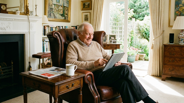 Ein älterer Herr sitzt entspannt in einem komfortablen Sessel und betrachtet lächelnd ein Tablet. Auf dem kleinen Holztisch daneben steht eine Tasse Kaffee. Die Szene strahlt finanzielle Sicherheit und häuslichen Frieden aus.