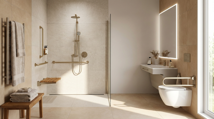 Ein modern ausgestattetes, helles und barrierefreies Badezimmer mit einer bodengleichen Dusche, eleganten Haltegriffen und rutschfesten Fliesen. Sauberes, stilvolles Design ohne klinische Atmosphäre, warme Handtücher liegen bereit.