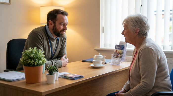 Ein freundlicher Berater im Büro eines Pflegestützpunktes beugt sich aufmerksam über den Schreibtisch und hört einer Angehörigen zu. Warme Beleuchtung, aufgeräumter Schreibtisch mit grünen Pflanzen, empathische und unterstützende Situation.