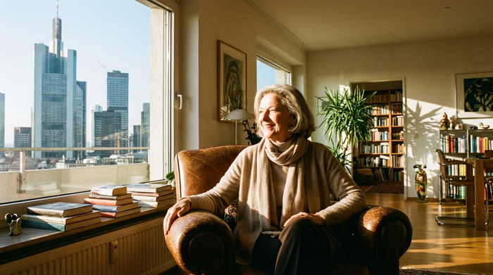 Eine gepflegte ältere Dame blickt lächelnd aus dem Fenster ihrer stilvollen Wohnung auf die Frankfurter Skyline. Heller Raum, gemütlicher Sessel, warme Sonnenstrahlen, realistische Szene ohne Text.