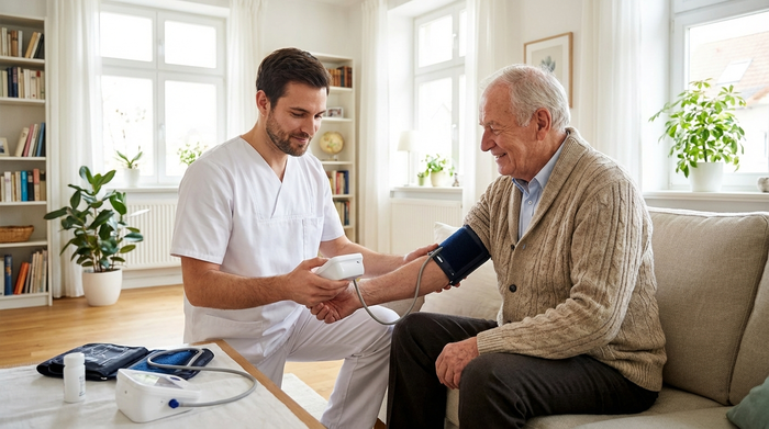 Ein männlicher Pfleger in weißem Kasack misst den Blutdruck eines älteren Herrn im Wohnzimmer. Professionelle, fürsorgliche Interaktion, aufgeräumtes und helles Umfeld, Fokus auf medizinische Betreuung.