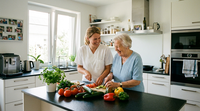 Eine Betreuungskraft und eine Seniorin kochen gemeinsam in einer sauberen, gut ausgestatteten Küche. Frisches Gemüse auf dem Tresen, fröhliche Stimmung, helle Beleuchtung, realistische Alltagsbetreuung.